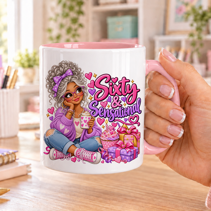 Sixty and Sensational birthday design – white ceramic mug with pink handle and pink inside
