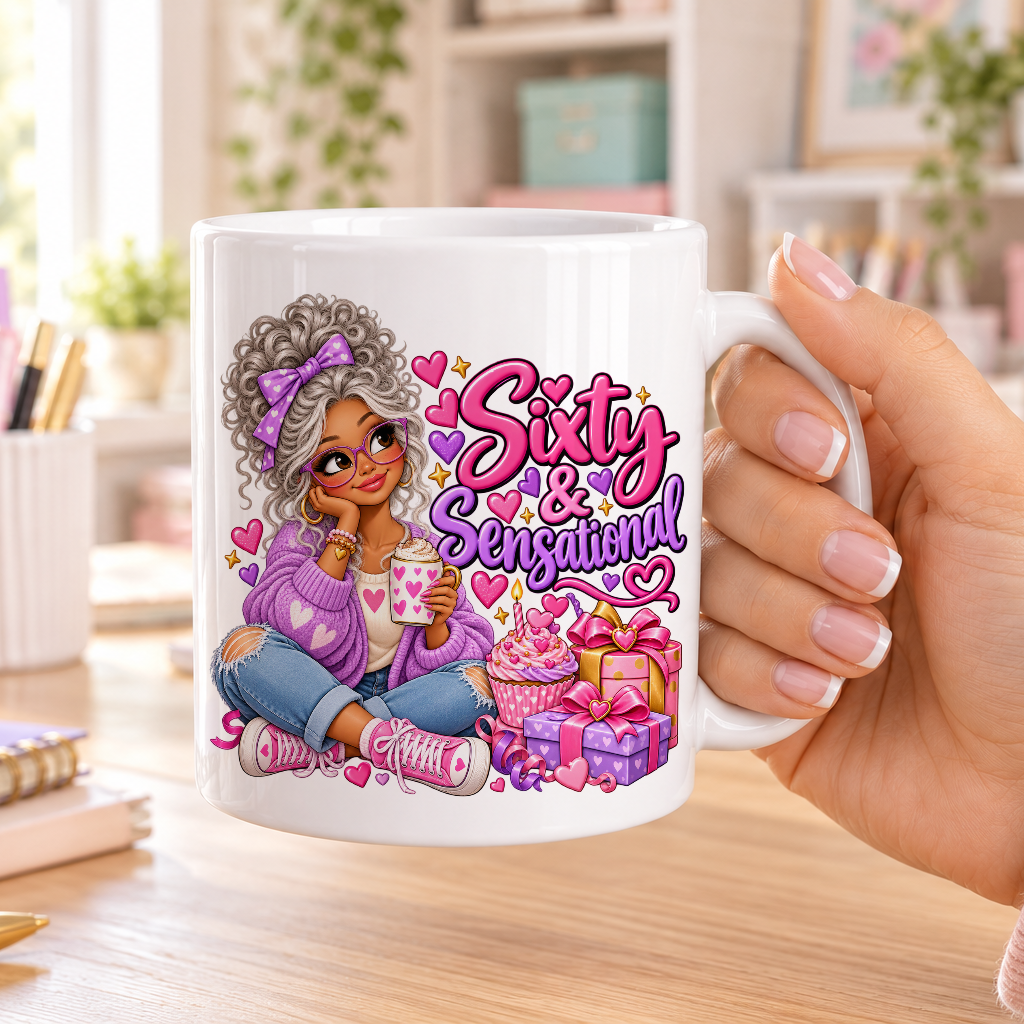 Sixty and Sensational birthday design – plain white ceramic mug