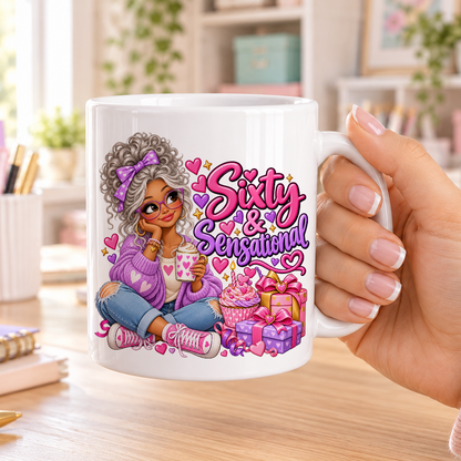 Sixty and Sensational birthday design – plain white ceramic mug