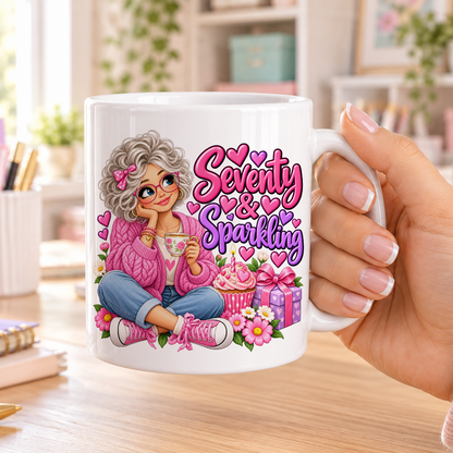 Seventy and Sparkling birthday design – plain white ceramic mug