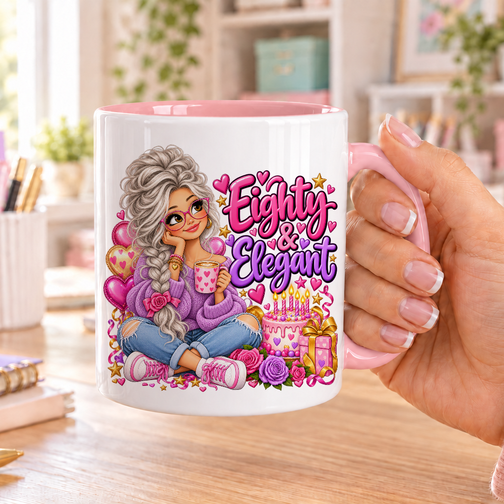 Eighty and Elegant birthday design – white ceramic mug with pink handle and pink inside