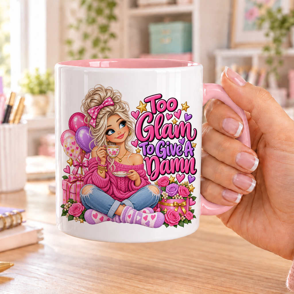 Too Glam to Give a Damn birthday design – white ceramic mug with pink handle and pink inside