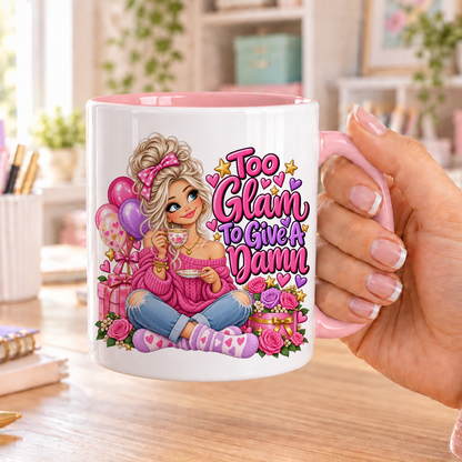 Too Glam to Give a Damn birthday design – white ceramic mug with pink handle and pink inside