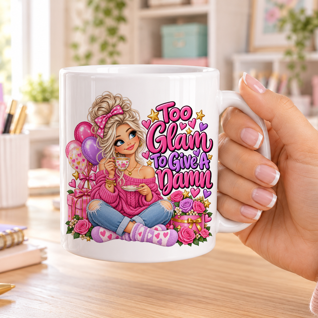 Too Glam to Give a Damn birthday design – plain white ceramic mug