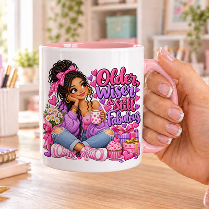 Older Wiser and Still Fabulous birthday design – white ceramic mug with pink handle and pink inside