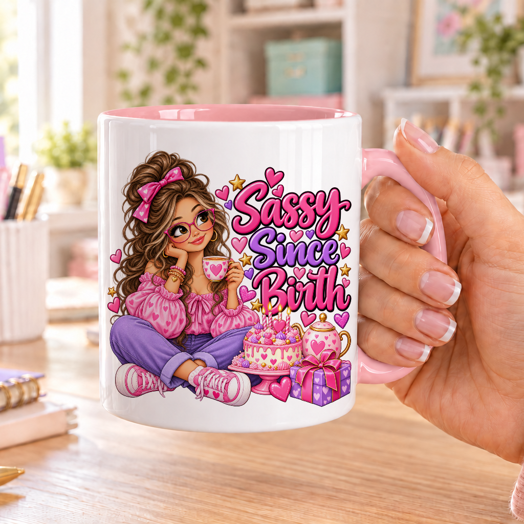 Sassy Since Birth birthday design – white ceramic mug with pink handle and pink inside