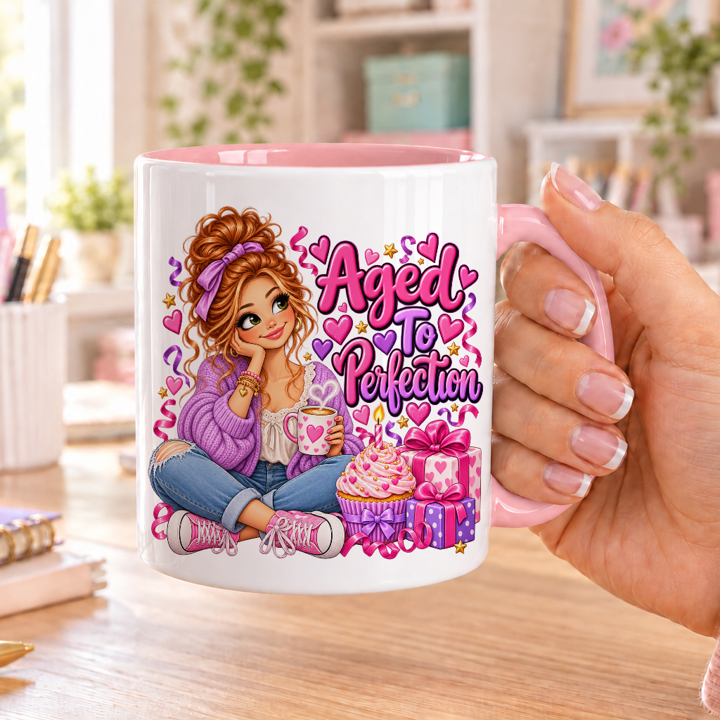 Aged to Perfection birthday design – white ceramic mug with pink handle and pink inside