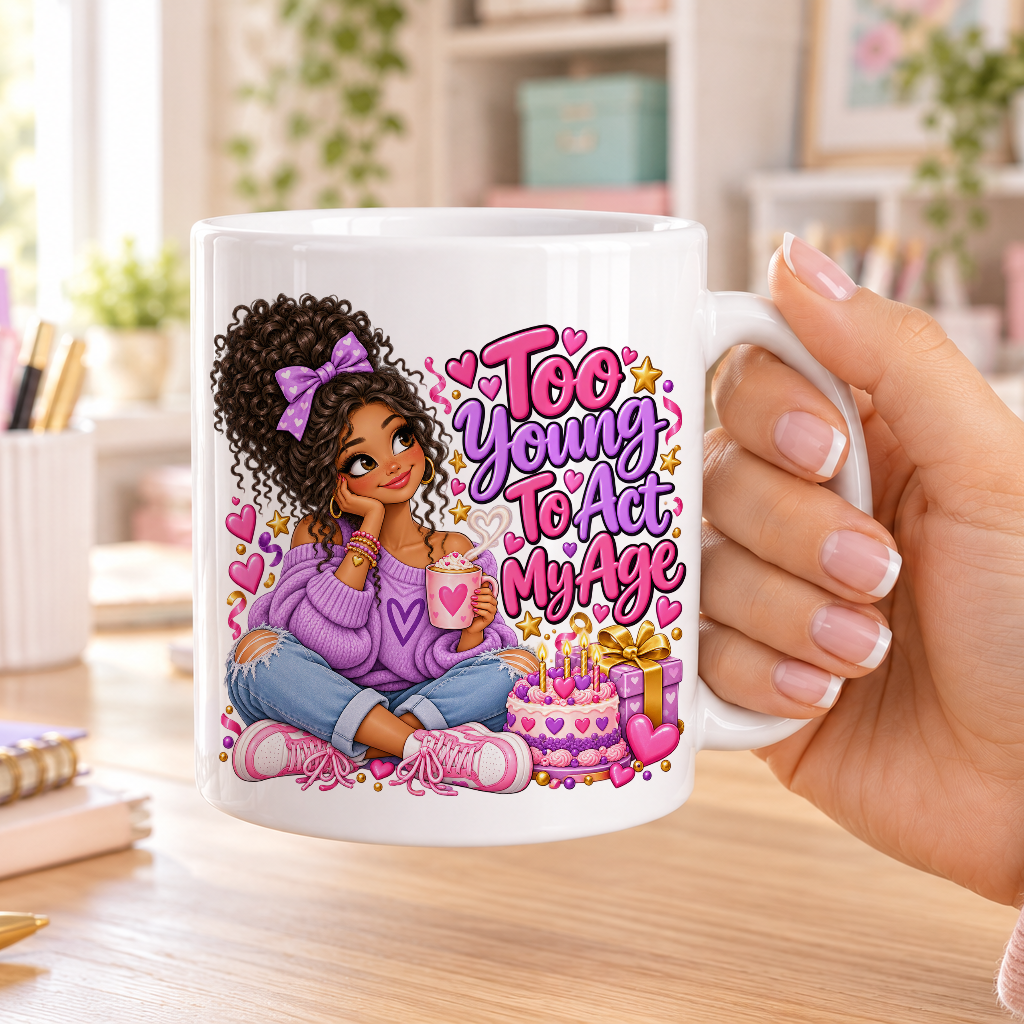 Too Young to Act My Age birthday design – plain white ceramic mug