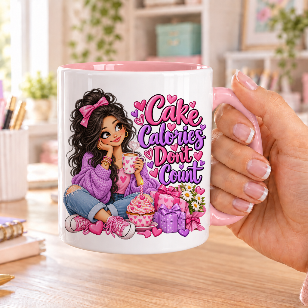 Cake Calories Don't Count birthday design – white ceramic mug with pink handle and pink inside