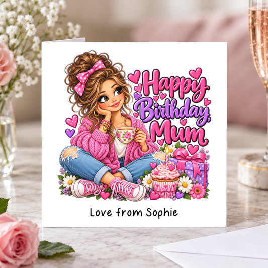 Personalised Happy Birthday Mum Card, Love From Name, 6x6 Inch – square white greeting card with personalised Love from line; example shown