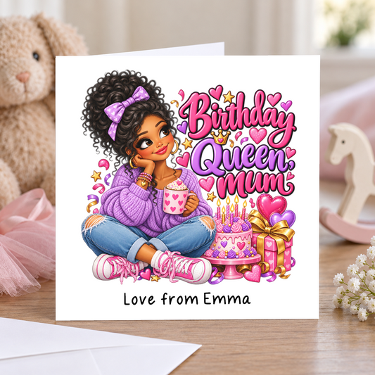 Personalised Birthday Queen Mum Card, Love From Name, 6x6 Inch – square white greeting card with personalised Love from line; example shown
