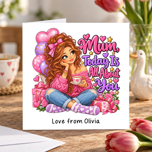 Personalised Mum Today Is All About You Birthday Card, Love From Name, 6x6 Inch – square white greeting card with personalised Love from line; example shown