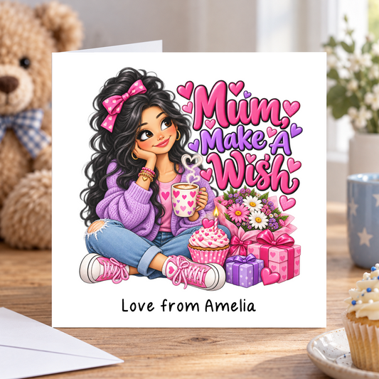 Personalised Mum Make a Wish Birthday Card, Love From Name, 6x6 Inch – square white greeting card with personalised Love from line; example shown