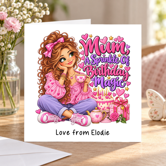 Personalised Mum a Sprinkle of Birthday Magic Card, Love From Name, 6x6 Inch – square white greeting card with personalised Love from line; example shown