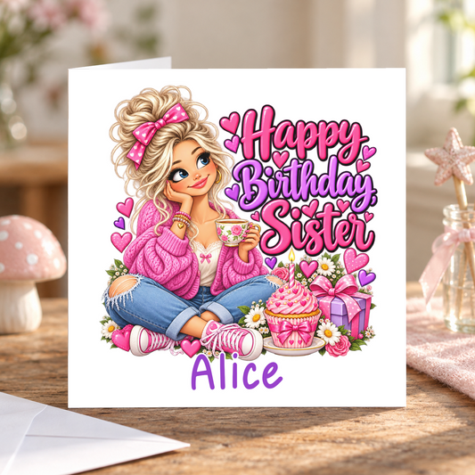 Personalised Happy Birthday Sister Card, Any Name, 6x6 Inch – square white greeting card with personalised name; example shown