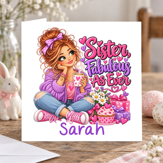 Personalised Sister Fabulous As Ever Birthday Card, Any Name, 6x6 Inch – square white greeting card with personalised name; example shown