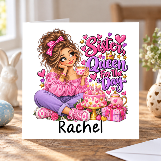 Personalised Sister Queen for the Day Birthday Card, Any Name, 6x6 Inch – square white greeting card with personalised name; example shown