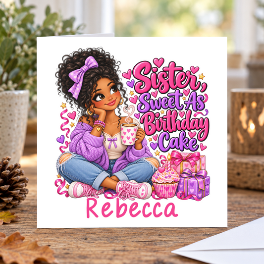 Personalised Sister Sweet As Birthday Cake Card, Any Name, 6x6 Inch – square white greeting card with personalised name; example shown