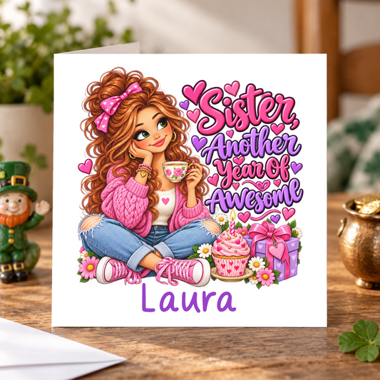 Personalised Sister Another Year of Awesome Birthday Card, Any Name, 6x6 Inch – square white greeting card with personalised name; example shown