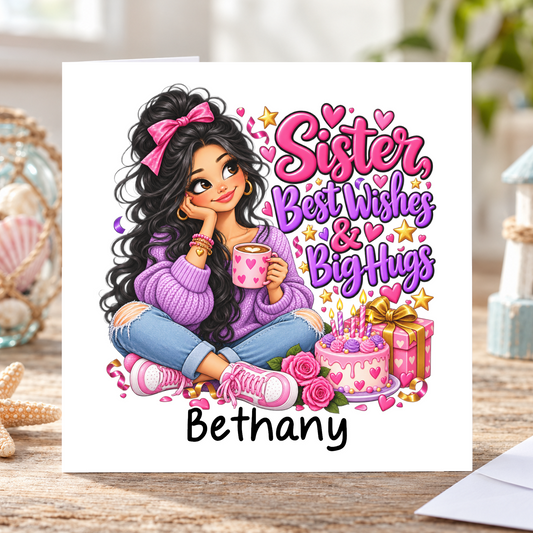 Personalised Sister Best Wishes and Big Hugs Birthday Card, Any Name, 6x6 Inch – square white greeting card with personalised name; example shown
