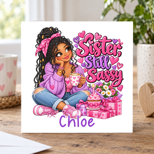 Personalised Sister Still Sassy Birthday Card, Any Name, 6x6 Inch – square white greeting card with personalised name; example shown