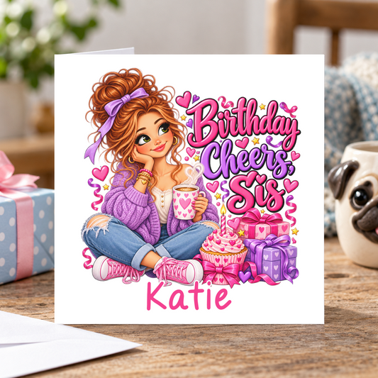 Personalised Birthday Cheers Sis Card, Any Name, 6x6 Inch – square white greeting card with personalised name; example shown