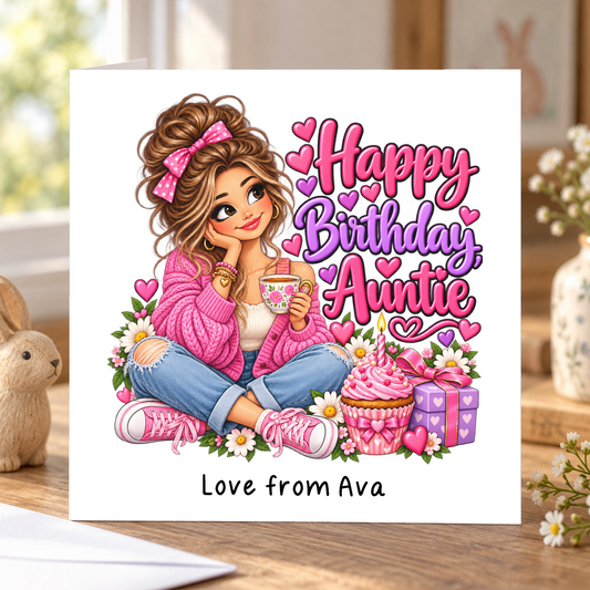 Personalised Happy Birthday Auntie Card, Love From Name, 6x6 Inch – square white greeting card with personalised Love from line; example shown
