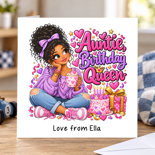 Personalised Auntie Birthday Queen Card, Love From Name, 6x6 Inch – square white greeting card with personalised Love from line; example shown