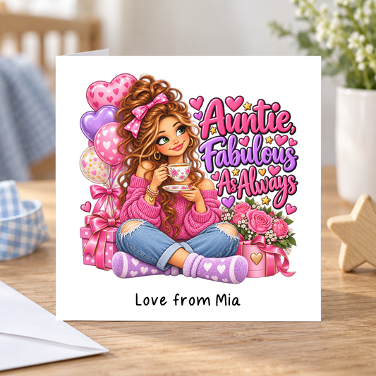 Personalised Auntie Fabulous As Always Birthday Card, Love From Name, 6x6 Inch – square white greeting card with personalised Love from line; example shown