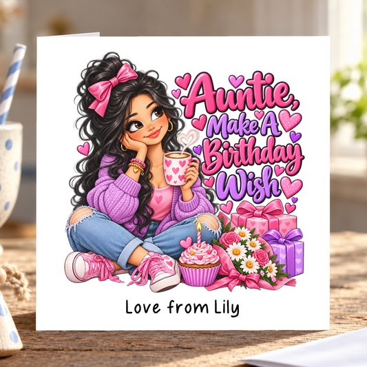 Personalised Auntie Make a Birthday Wish Card, Love From Name, 6x6 Inch – square white greeting card with personalised Love from line; example shown