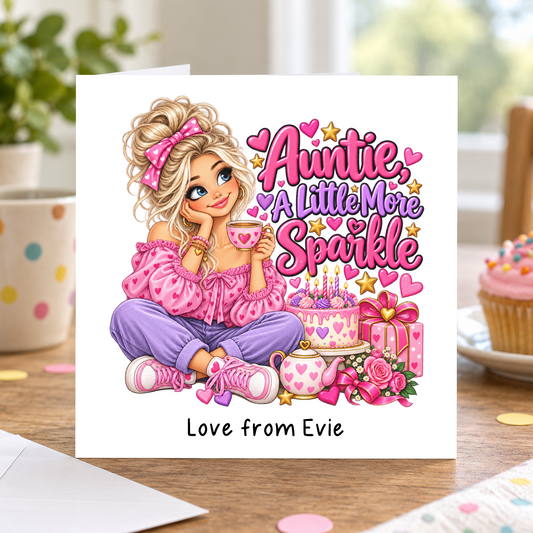 Personalised Auntie a Little More Sparkle Birthday Card, Love From Name, 6x6 Inch – square white greeting card with personalised Love from line; example shown