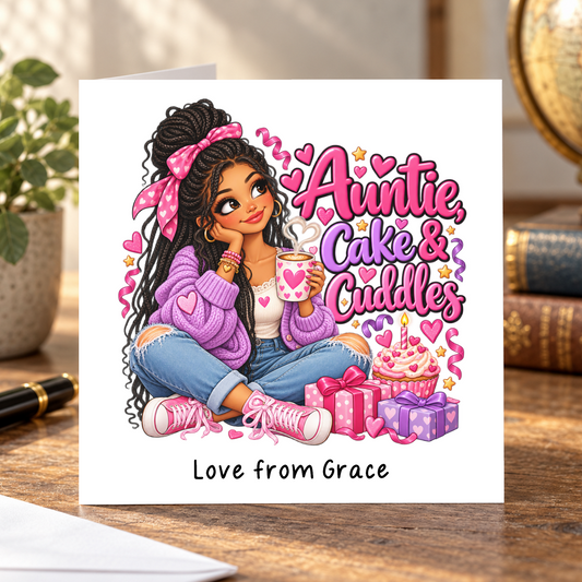 Personalised Auntie Cake and Cuddles Birthday Card, Love From Name, 6x6 Inch – square white greeting card with personalised Love from line; example shown