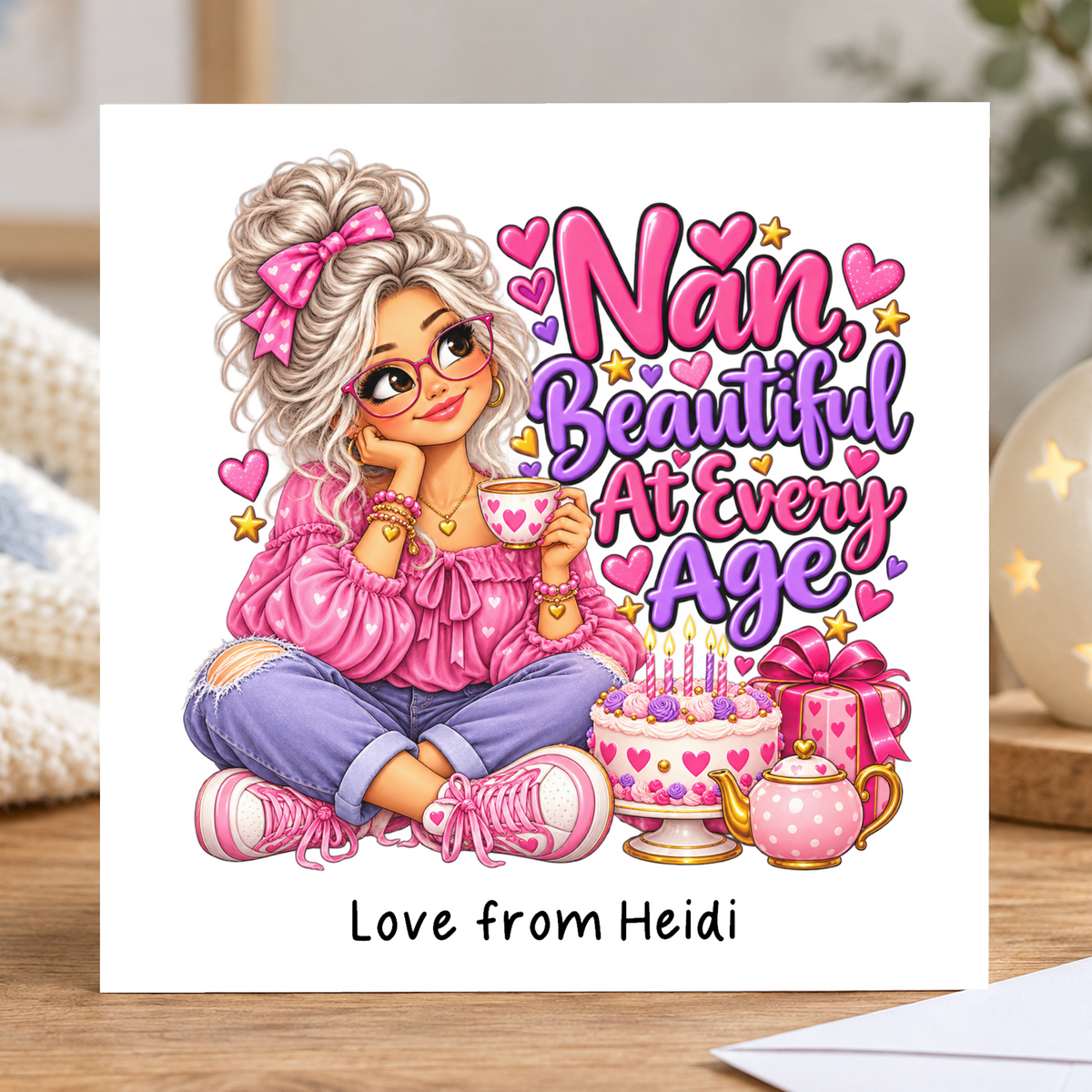 Personalised Nan Beautiful At Every Age Birthday Card, Love From Name, 6x6 Inch – square white greeting card with personalised Love from line; example shown