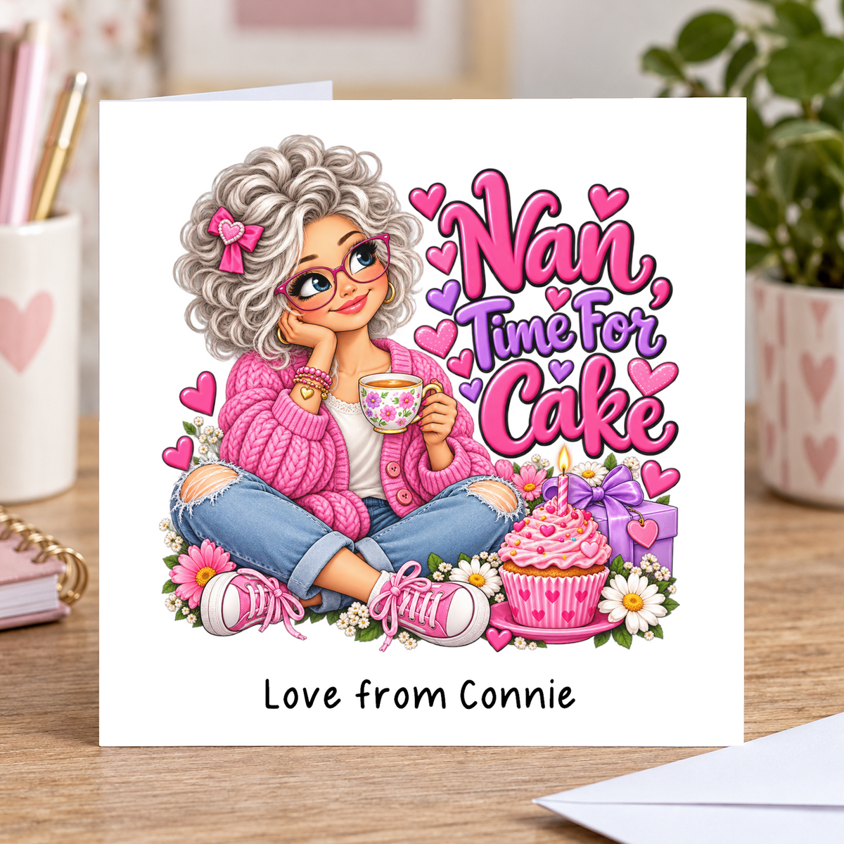Personalised Nan Time for Cake Birthday Card, Love From Name, 6x6 Inch – square white greeting card with personalised Love from line; example shown