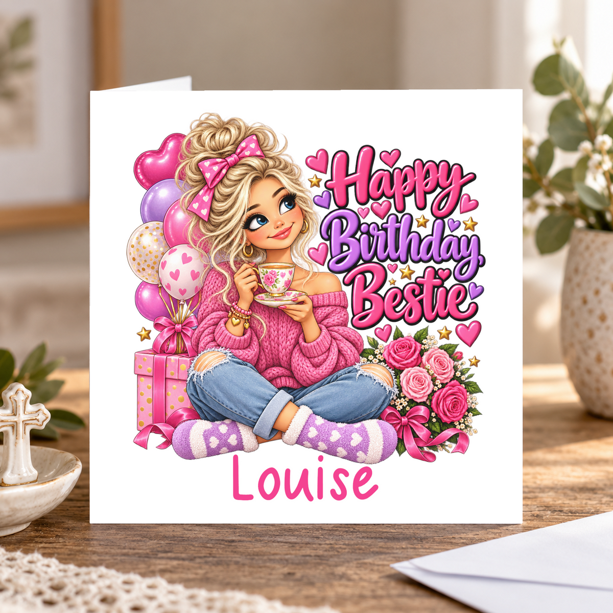 Personalised Happy Birthday Bestie Card, Any Name, 6x6 Inch – square white greeting card with personalised name; example shown