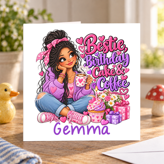Personalised Bestie Birthday Cake and Coffee Card, Any Name, 6x6 Inch – square white greeting card with personalised name; example shown