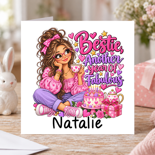 Personalised Bestie Another Year of Fabulous Birthday Card, Any Name, 6x6 Inch – square white greeting card with personalised name; example shown