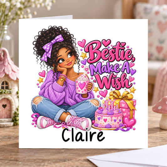 Personalised Bestie Make a Wish Birthday Card, Any Name, 6x6 Inch – square white greeting card with personalised name; example shown