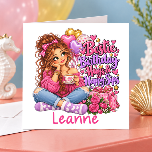 Personalised Bestie Birthday Hugs and Happy Sips Card, Any Name, 6x6 Inch – square white greeting card with personalised name; example shown