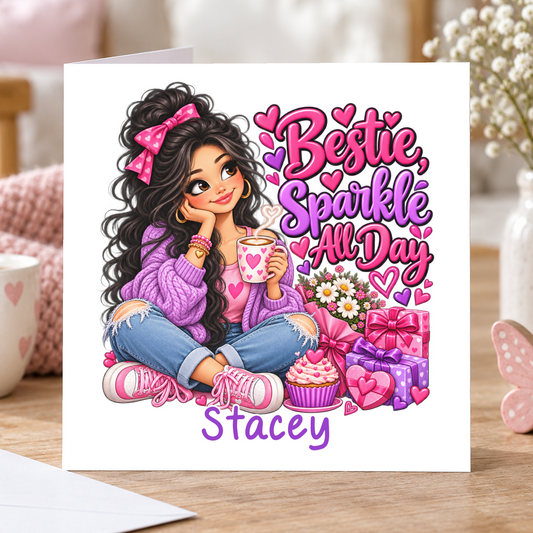 Personalised Bestie Sparkle All Day Birthday Card, Any Name, 6x6 Inch – square white greeting card with personalised name; example shown