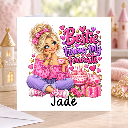 Personalised Bestie Forever My Favourite Birthday Card, Any Name, 6x6 Inch – square white greeting card with personalised name; example shown