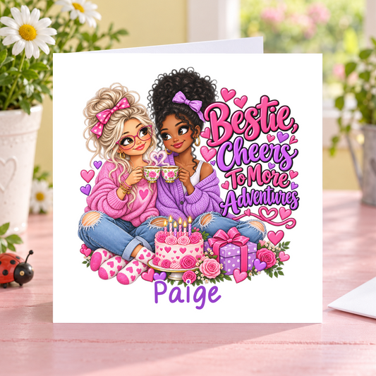 Personalised Bestie Cheers to More Adventures Birthday Card, Any Name, 6x6 Inch – square white greeting card with personalised name; example shown