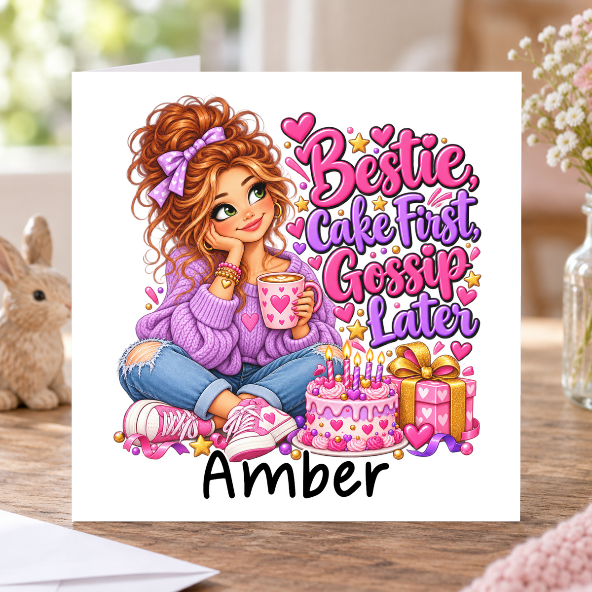Personalised Bestie Cake First Gossip Later Birthday Card, Any Name, 6x6 Inch – square white greeting card with personalised name; example shown
