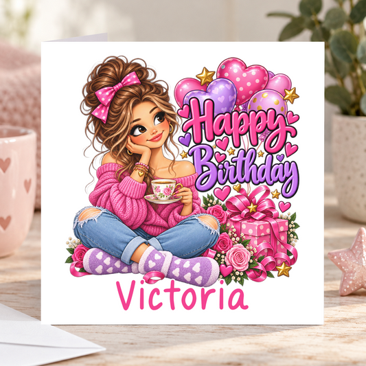 Personalised Happy Birthday Card, Any Name, 6x6 Inch – square white greeting card with personalised name; example shown