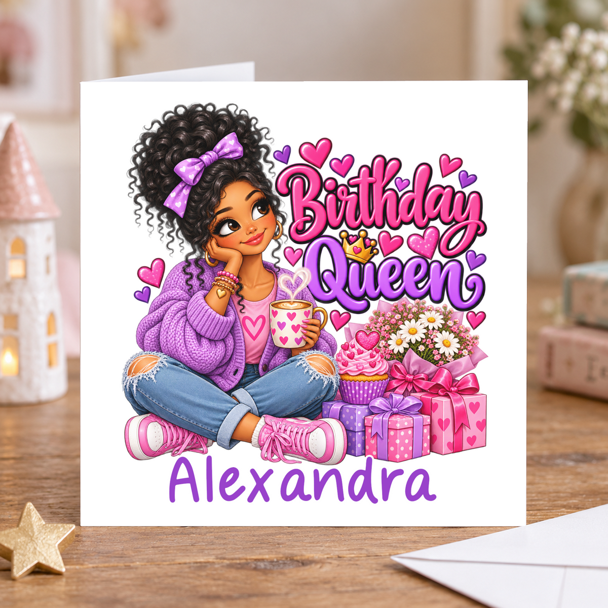 Personalised Birthday Queen Card, Any Name, 6x6 Inch – square white greeting card with personalised name; example shown