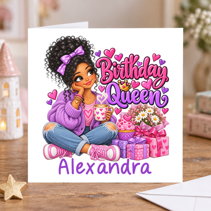 Personalised Birthday Queen Card, Any Name, 6x6 Inch – square white greeting card with personalised name; example shown