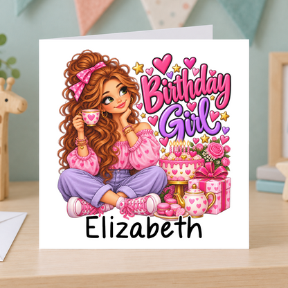 Personalised Birthday Girl Card, Any Name, 6x6 Inch – square white greeting card with personalised name; example shown