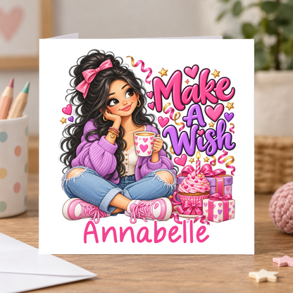 Personalised Make a Wish Birthday Card, Any Name, 6x6 Inch – square white greeting card with personalised name; example shown