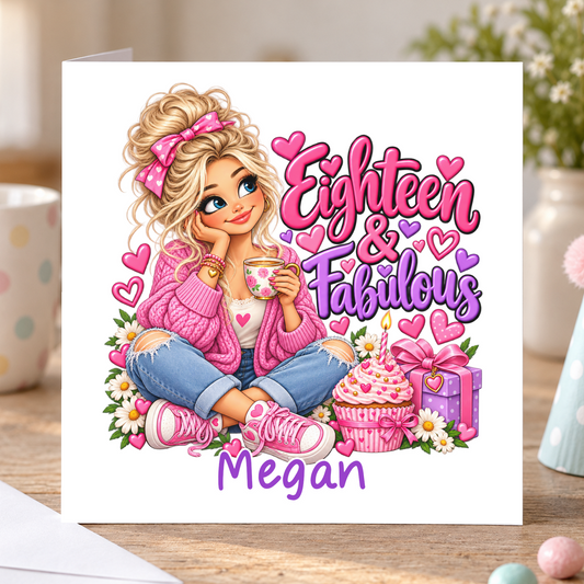 Personalised Eighteen and Fabulous Birthday Card, Any Name, 6x6 Inch – square white greeting card with personalised name; example shown