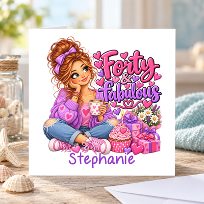 Personalised Forty and Fabulous Birthday Card, Any Name, 6x6 Inch – square white greeting card with personalised name; example shown